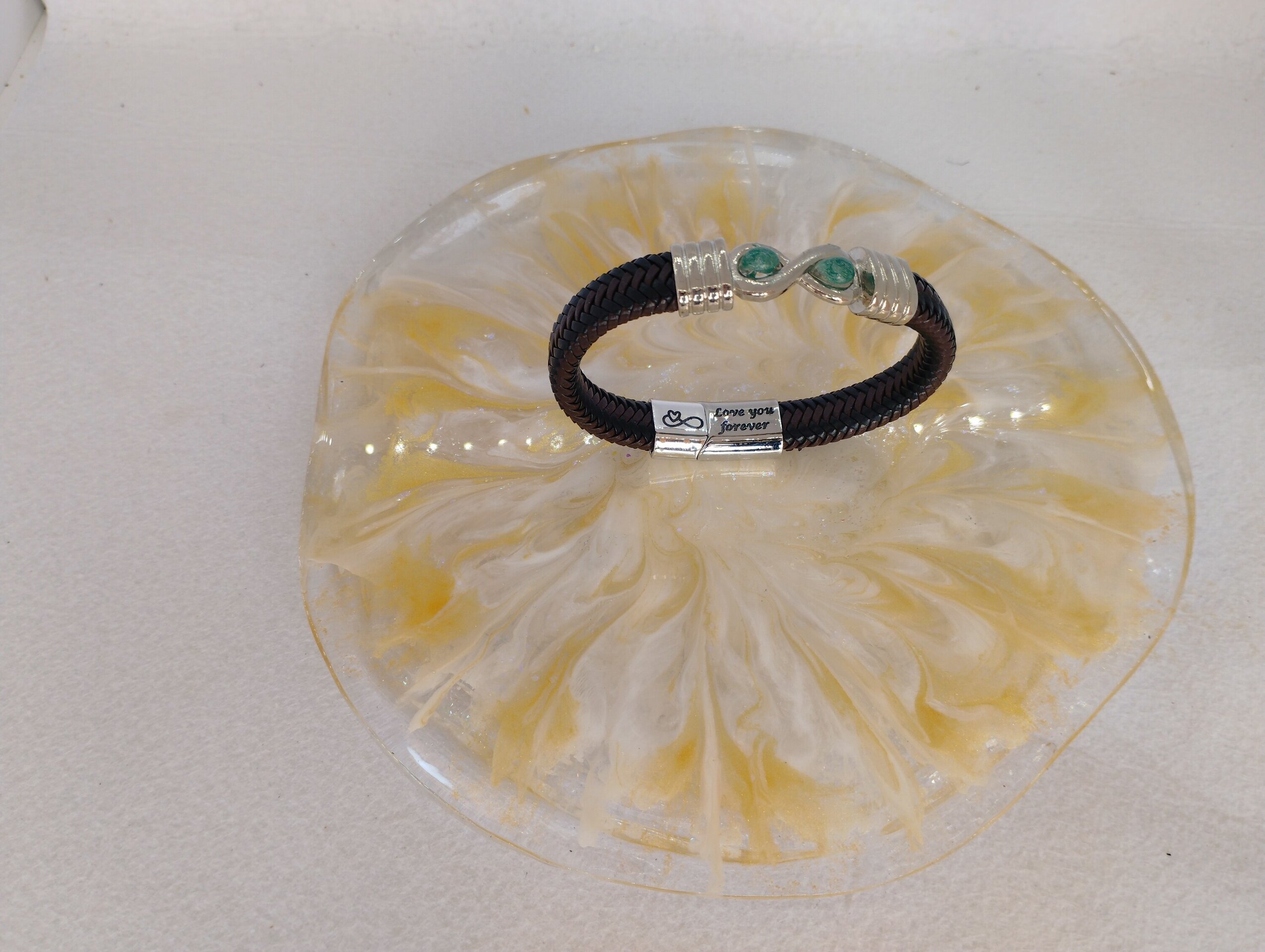 Pulsera de Cuero Trenzado y Resina verde azulado - 3