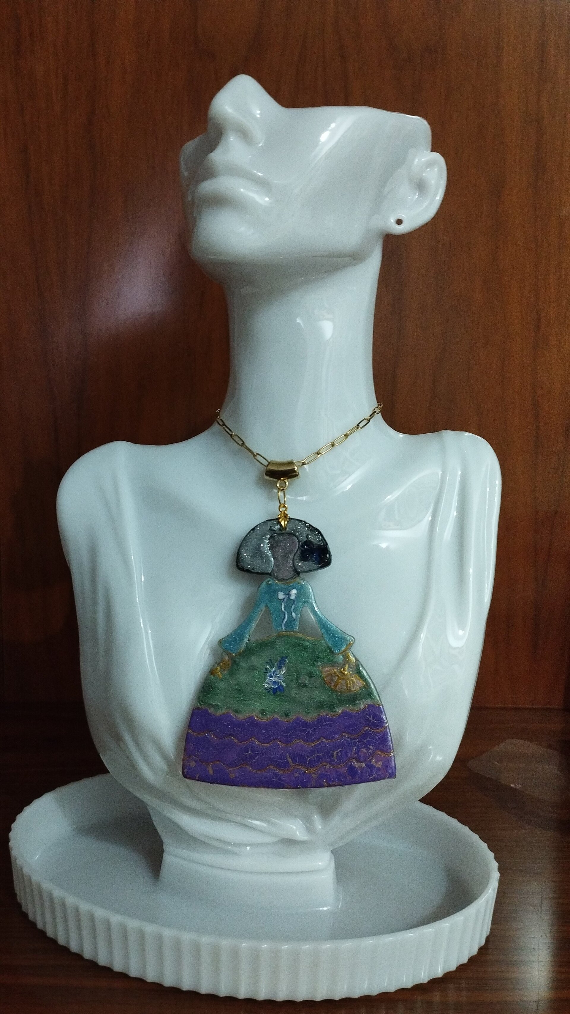 Colgante Menina Azul Celeste, Verde y Violeta Craquelado: Elegancia Barroca Flor - 2