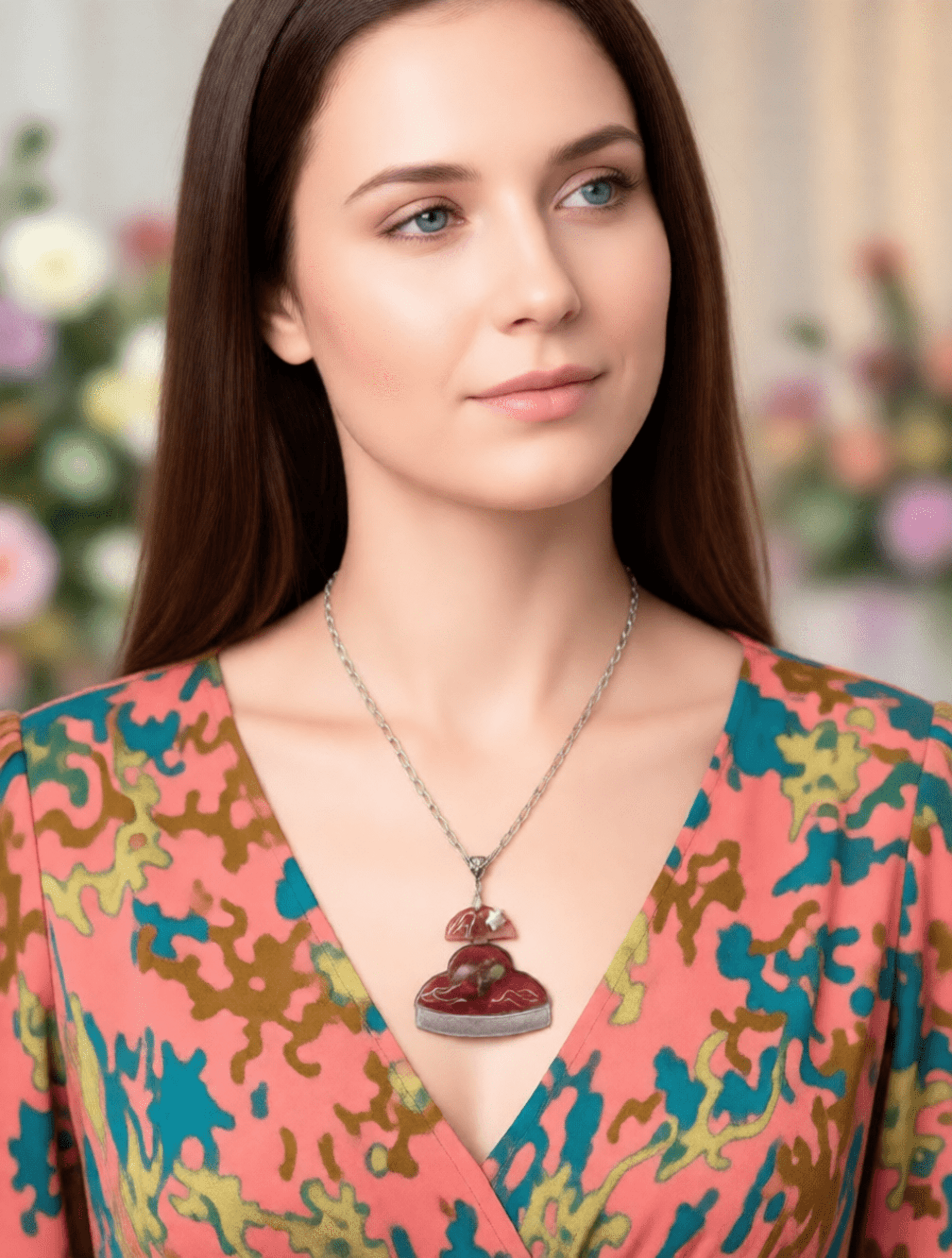 Colgante Menina 'Vanguardia Rubí' – Estilo Abstracto y Plateado - 3