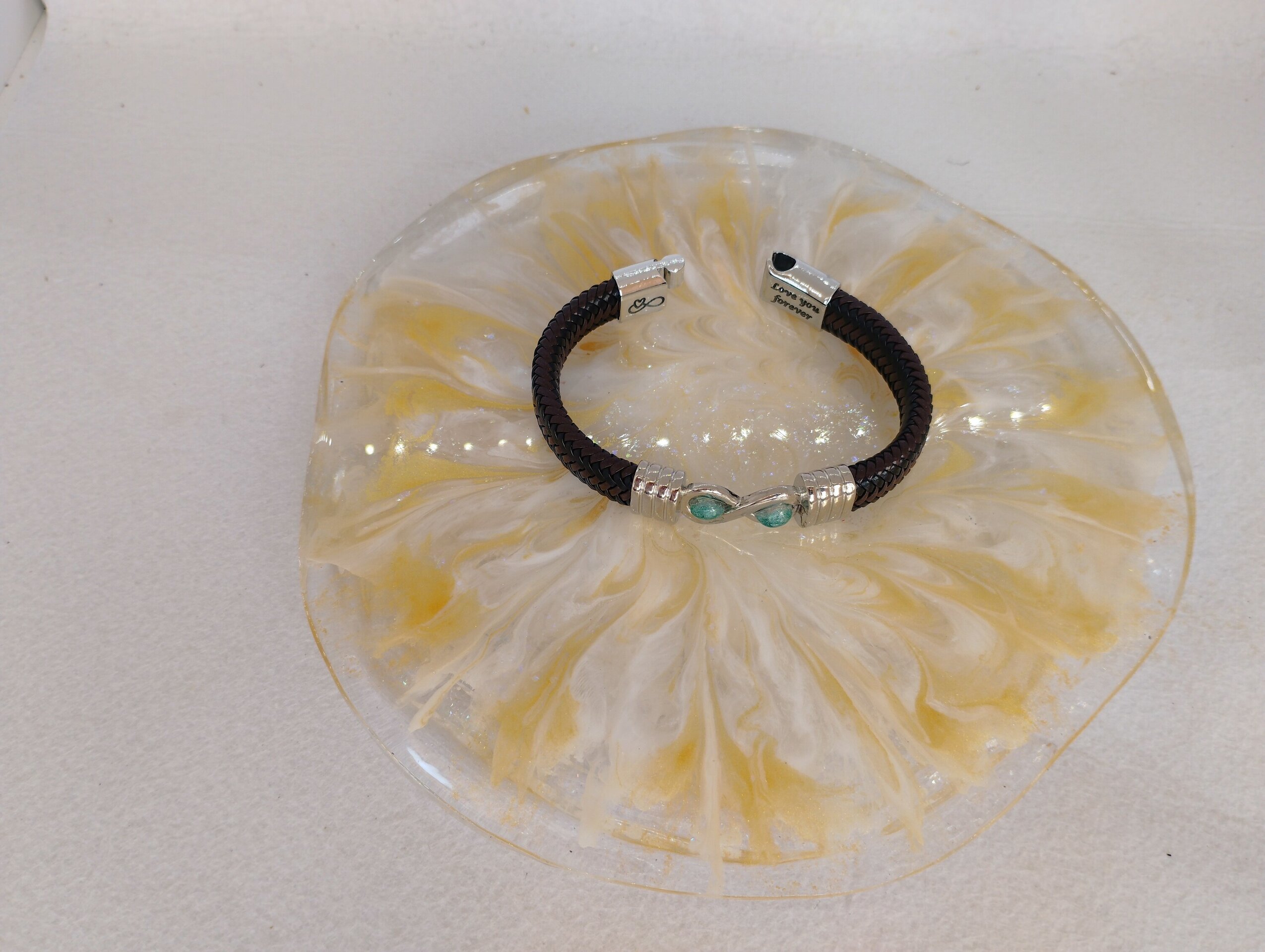 Pulsera de Cuero Trenzado y Resina verde azulado - 1