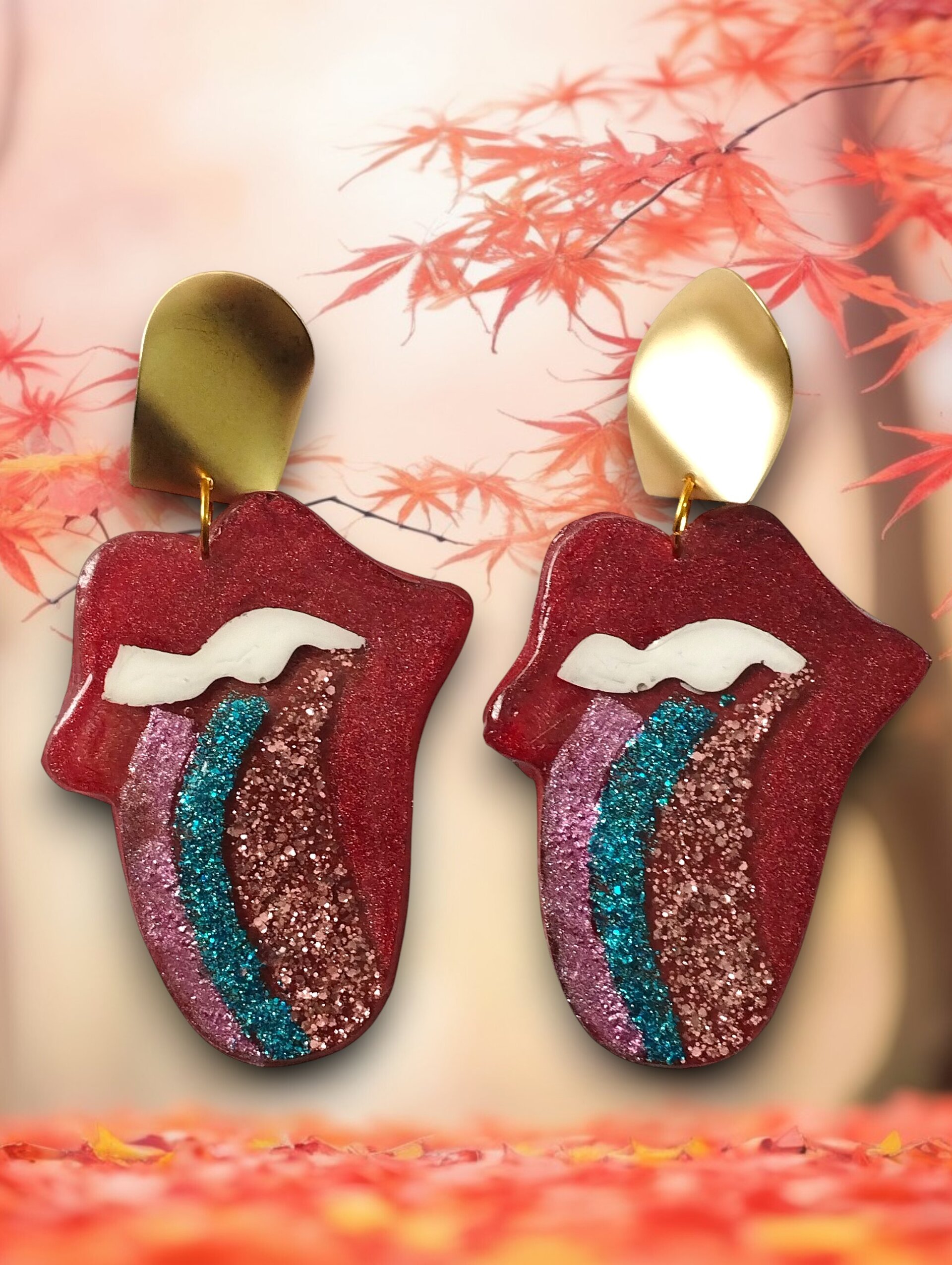 Pendientes 'Lengua Rock' - Glitter Multicolor y Cierre Dorado - 2