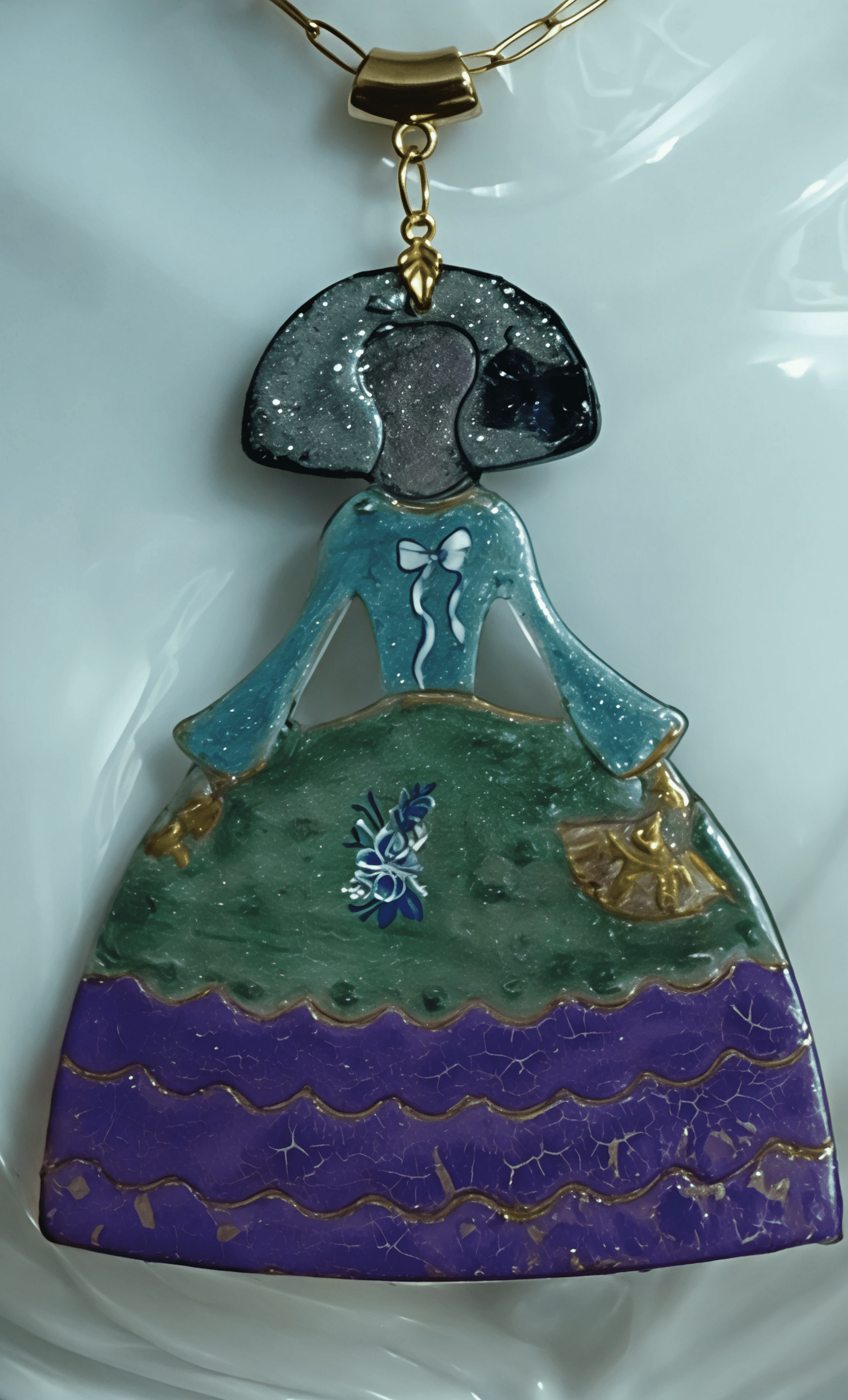 Colgante Menina Azul Celeste, Verde y Violeta Craquelado: Elegancia Barroca Flor - 5
