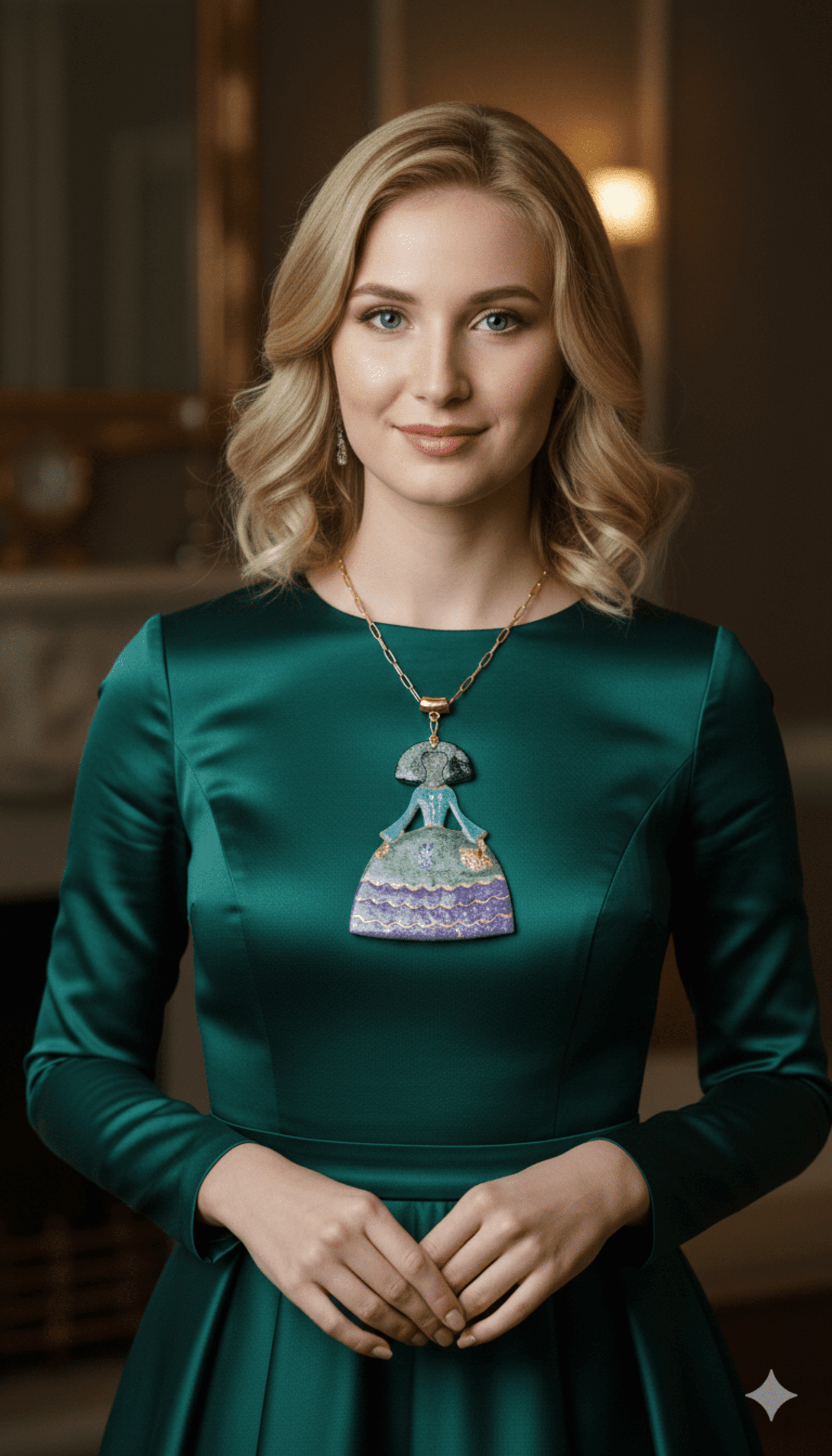 Colgante Menina Azul Celeste, Verde y Violeta Craquelado: Elegancia Barroca Flor - 3