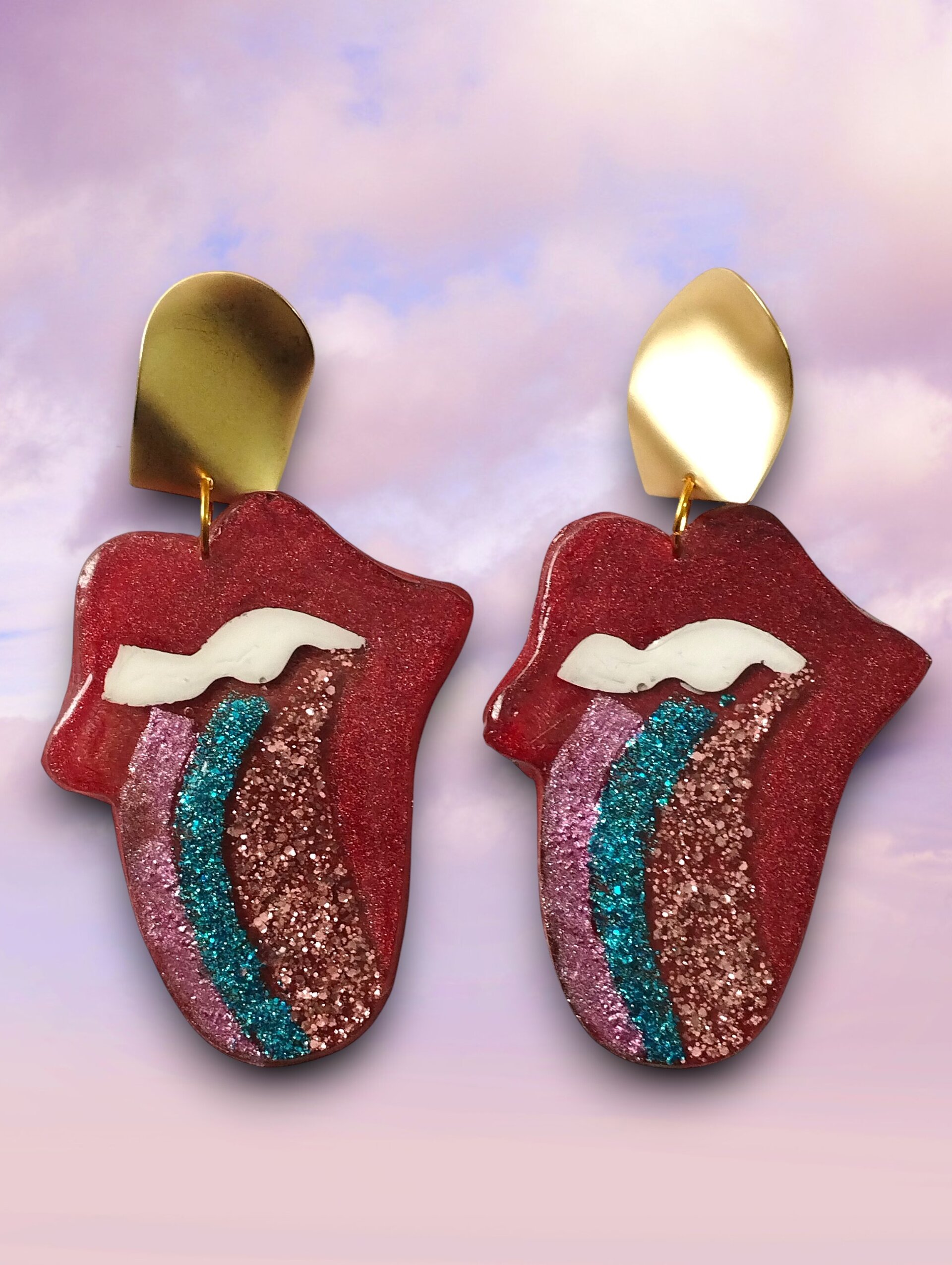 Pendientes 'Lengua Rock' - Glitter Multicolor y Cierre Dorado - 1