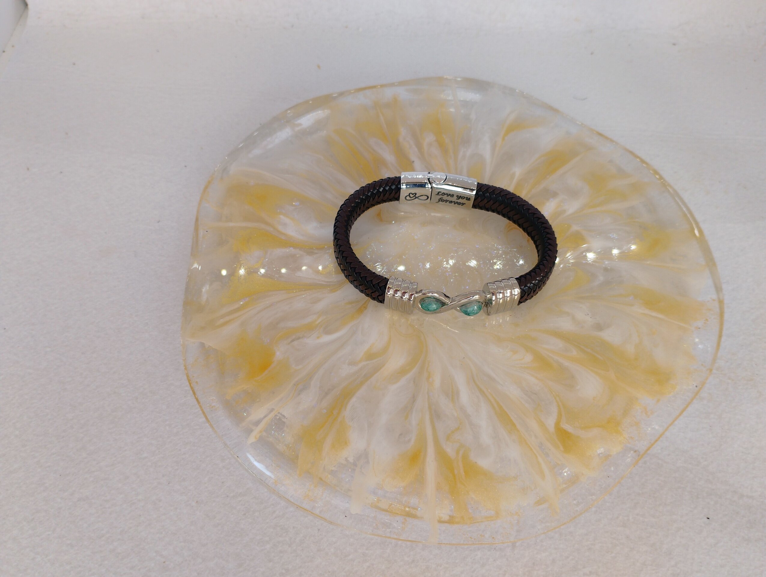 Pulsera de Cuero Trenzado y Resina verde azulado - 2