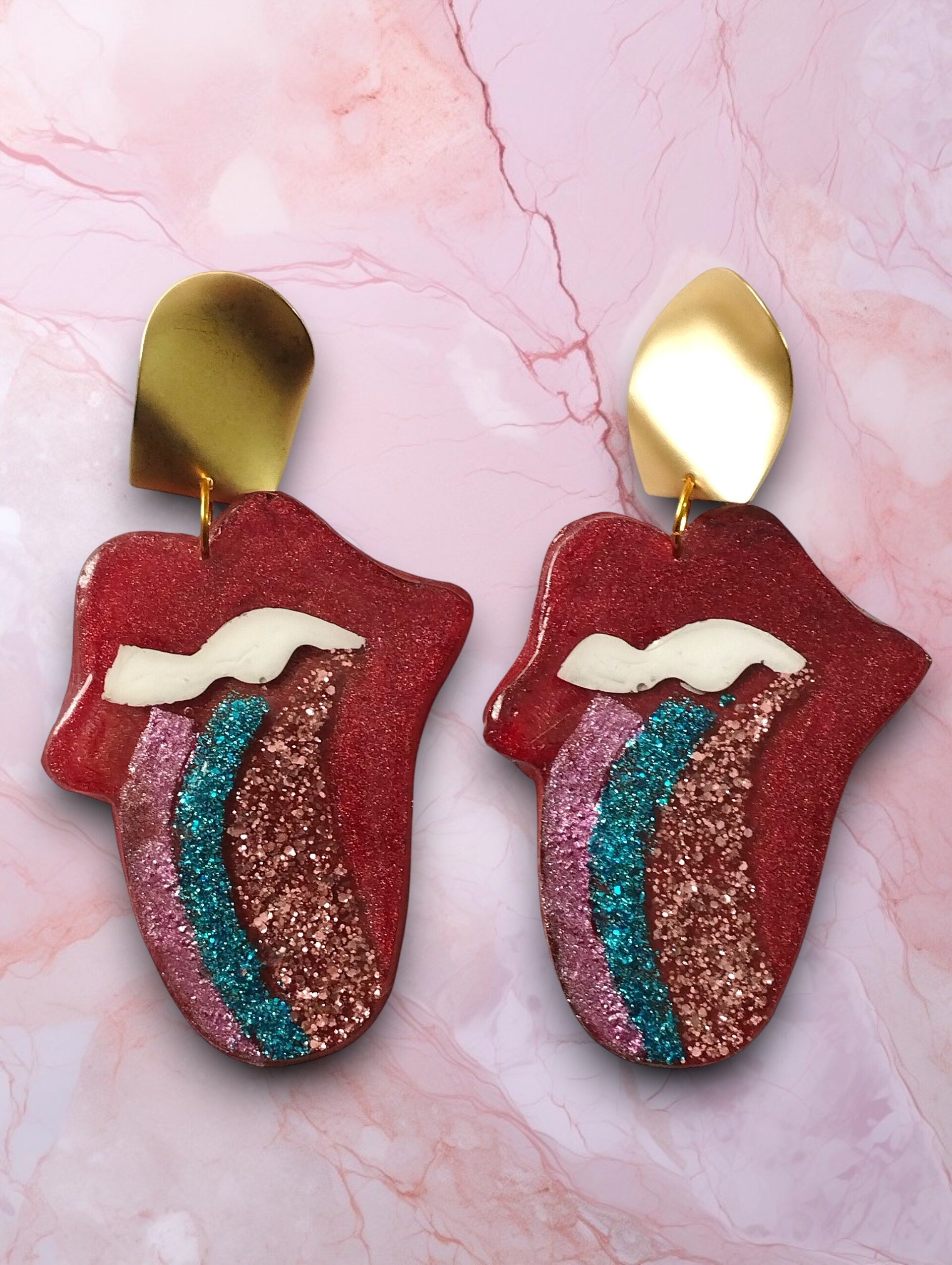 Pendientes 'Lengua Rock' - Glitter Multicolor y Cierre Dorado - 3