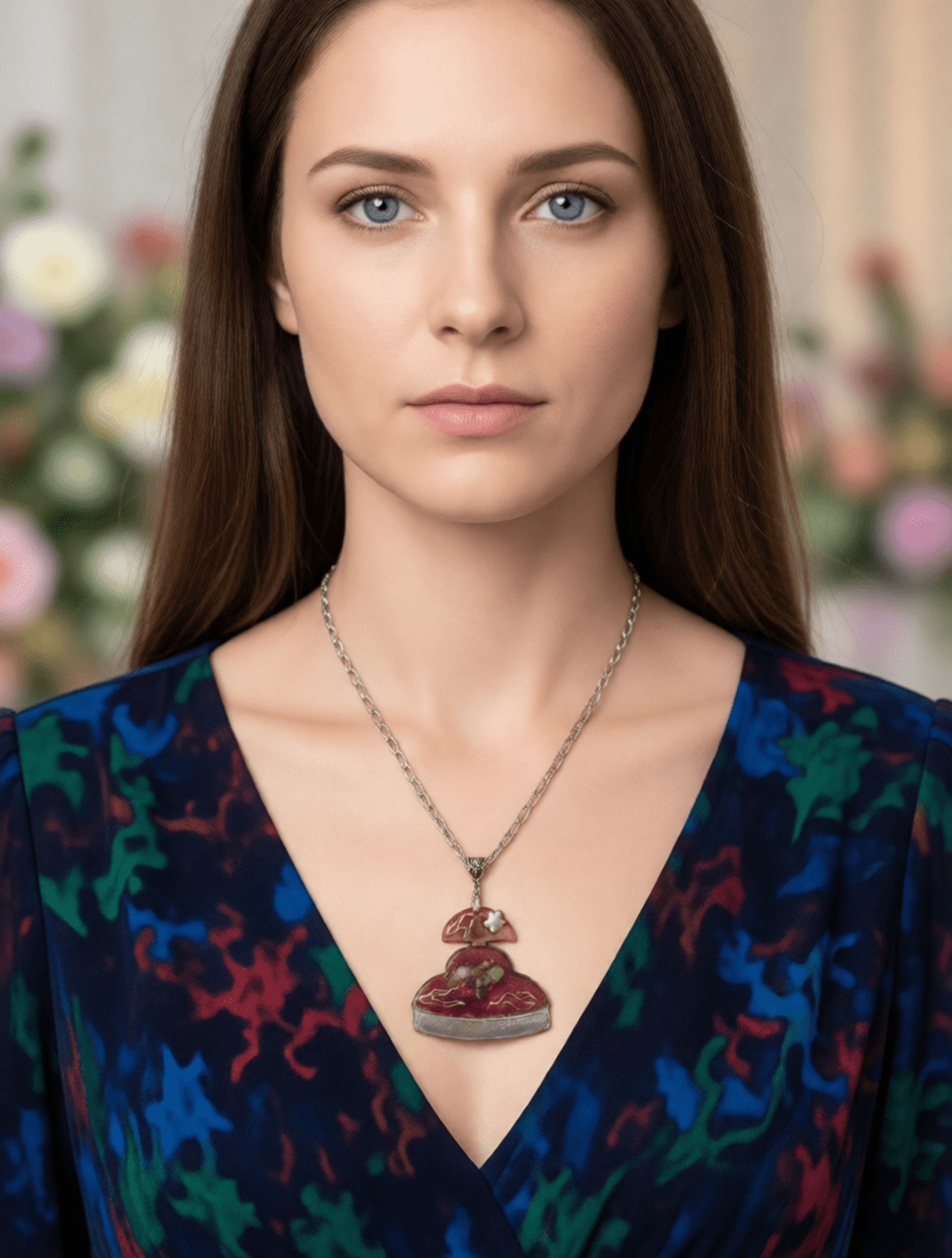 Colgante Menina 'Vanguardia Rubí' – Estilo Abstracto y Plateado - 4